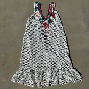 Crochet And Mesh Women’s Bathing Suit Coverup Dress, White And Floral, Size Lg